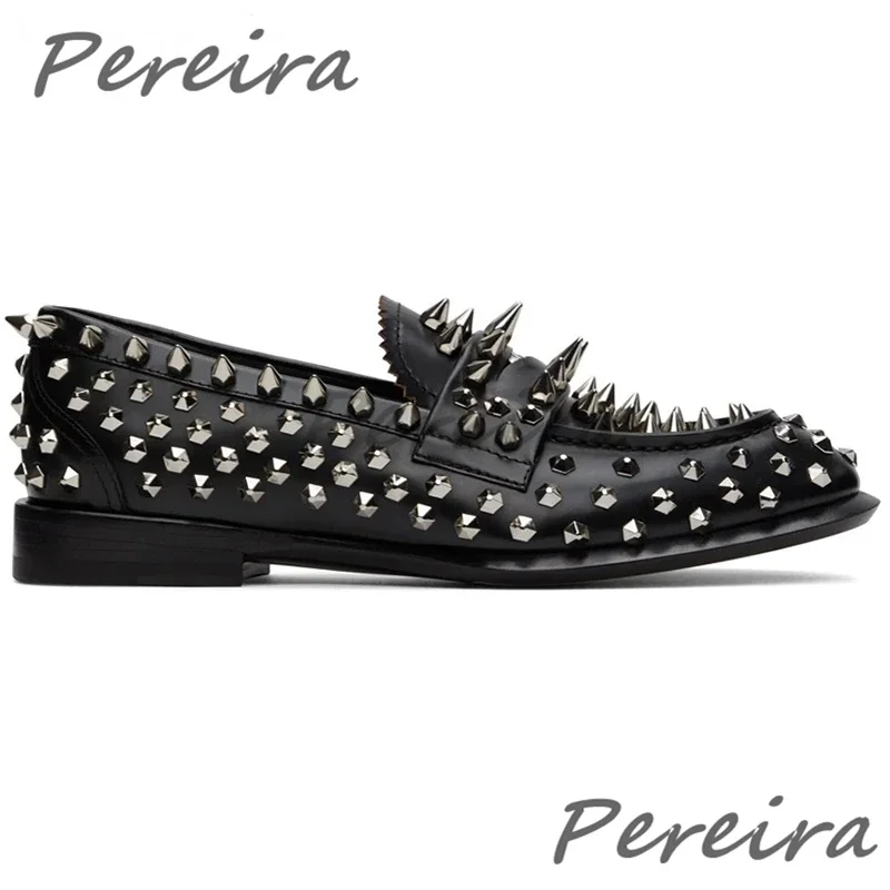 

Black Genuine Leather Loafers Punk Style Spike Rivets Slip On Comfortable Men's Shoes Fashion Tassels Party Wedding Dress Shoes