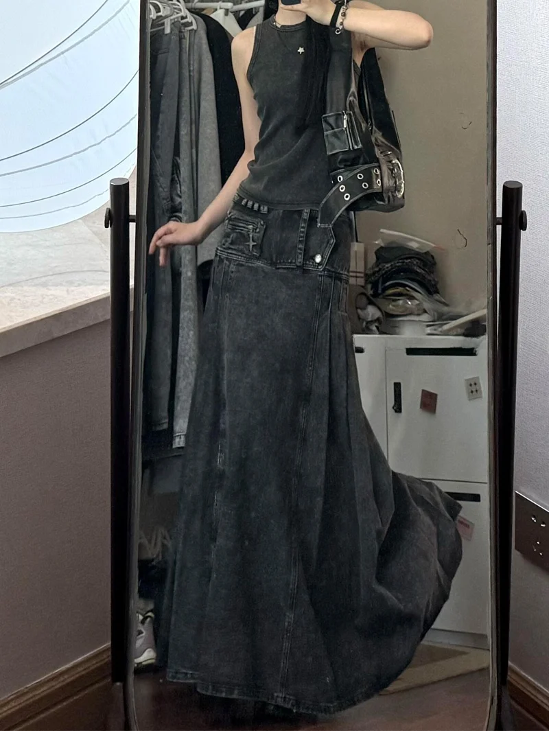 レトロなウェイドAラインワークスカート レディース サマー2025 Y2K ミレニアム スレ ホットガールデザイン ロングスカート ハイウエスト デニム生地