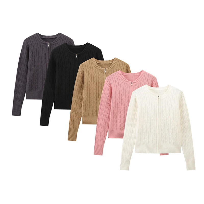 

Autumn Women Plain Knitted Sweater O-Neck Casual Zipper Long Sleeves Coat Streetwear Famale Lady Fashion Knitwear