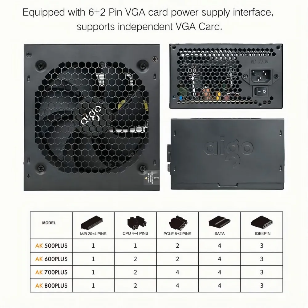 Aigo AK PC PSU Power Supply 800W Competitive Game Gamer RGB 120mm Fan 220V ATX Desktop Computer Power Supply For BTC Pc gamer