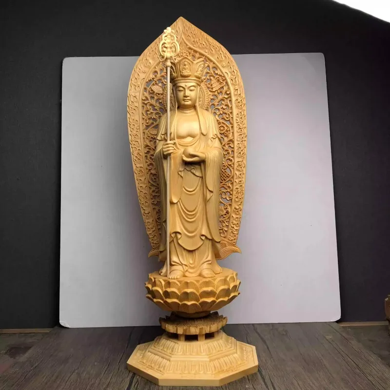 Jizo Bodhisattva Wood Carving Statue, Pili Crown Acala Deity, Feng Shui Decor, Collectible Buddhist Sculpture