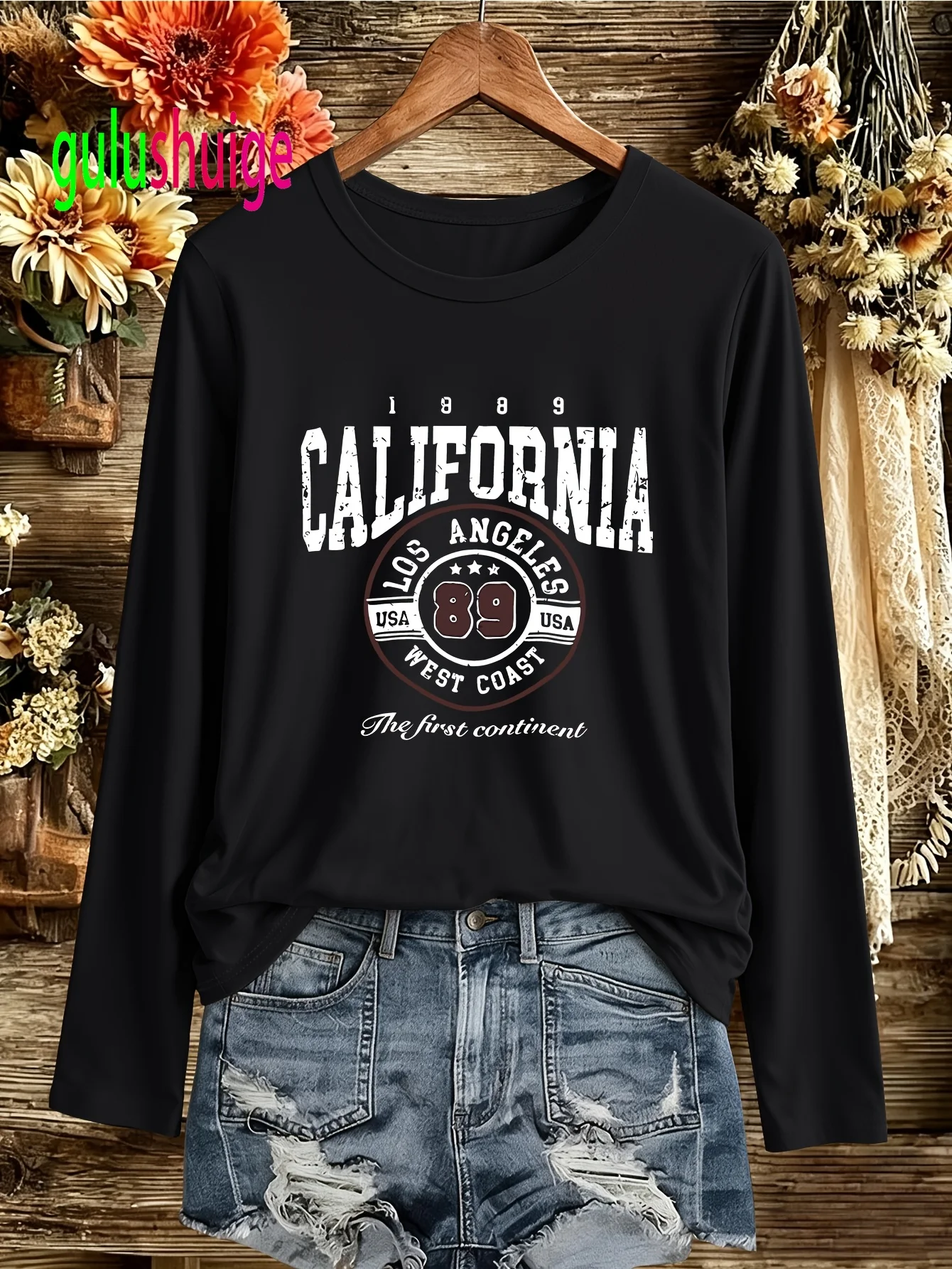 Women's California Los Angeles Letter Print T-Shirt Compatible Suitable for Brands Crew Neck Long Sleeve Casual Tops Clothes 90s