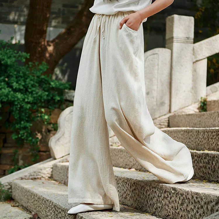 

Nian Bai Xiu Fang: Oriental Zen Trousers - Lightly Washed Linen Wide-Leg Culottes