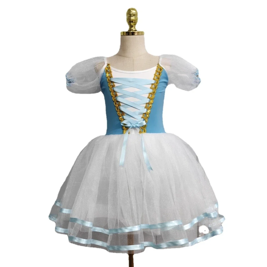 

New Girls Child Long Tulle Dress Skate Ballerina Dress Puff Sleeve Chorus Dress Romantic Tutu Giselle Ballet Costumes