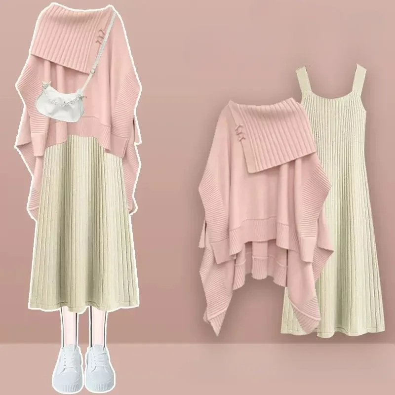 Korean Fashion Dresses Suit Y2k Women Loose Knitted Shawl Coats Match White Long-sleeved Mini Pleated Shirt Dress Two Piece Set