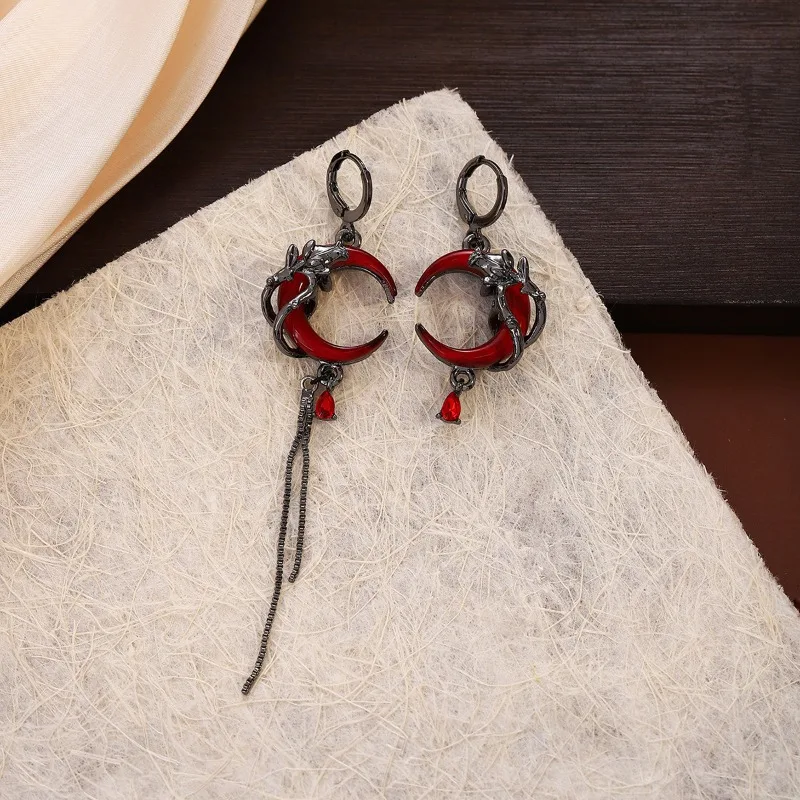 

Punk Asymmetric Red Moon Rose Dangle Earrings Vintage Black Crystal Ball Long Drop Earrings for Women