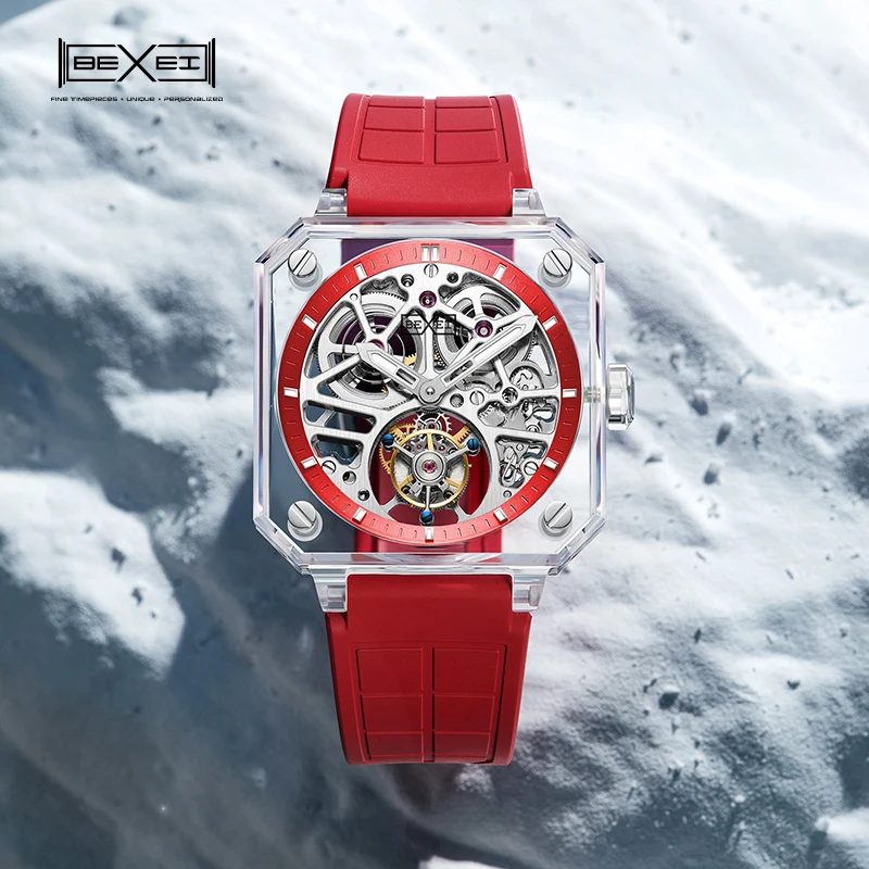 BEXEI 9112  K9  Crystal skeleton synthetic sapphire manual mechanical movement  tourbillon watchs Luxury  waterproof Reserve 80H