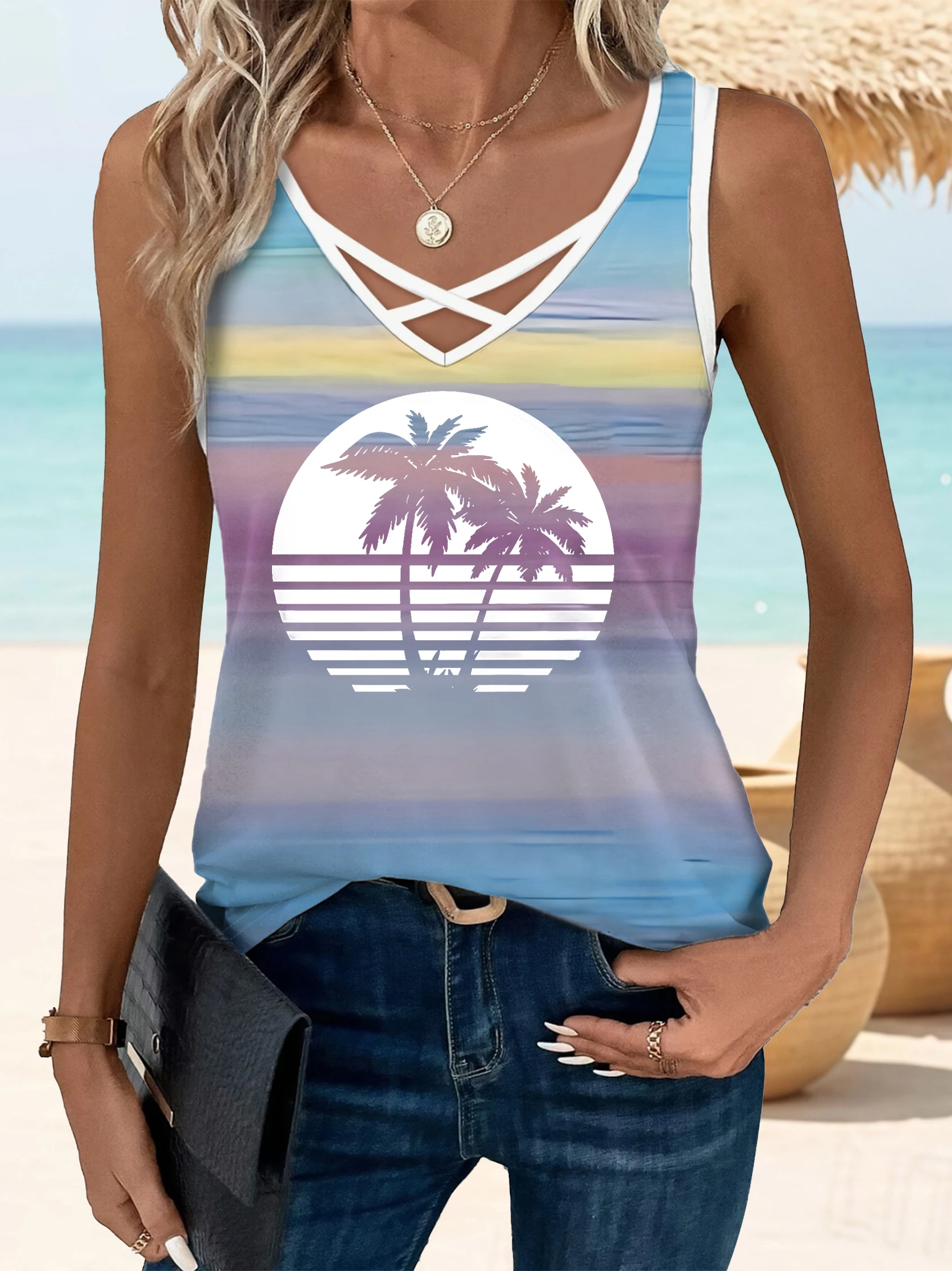 Boho Chic V-Neck Crisscross Strap Gradient Striped Beach Vest - Plus Size Women's Summer Printed Casual Top