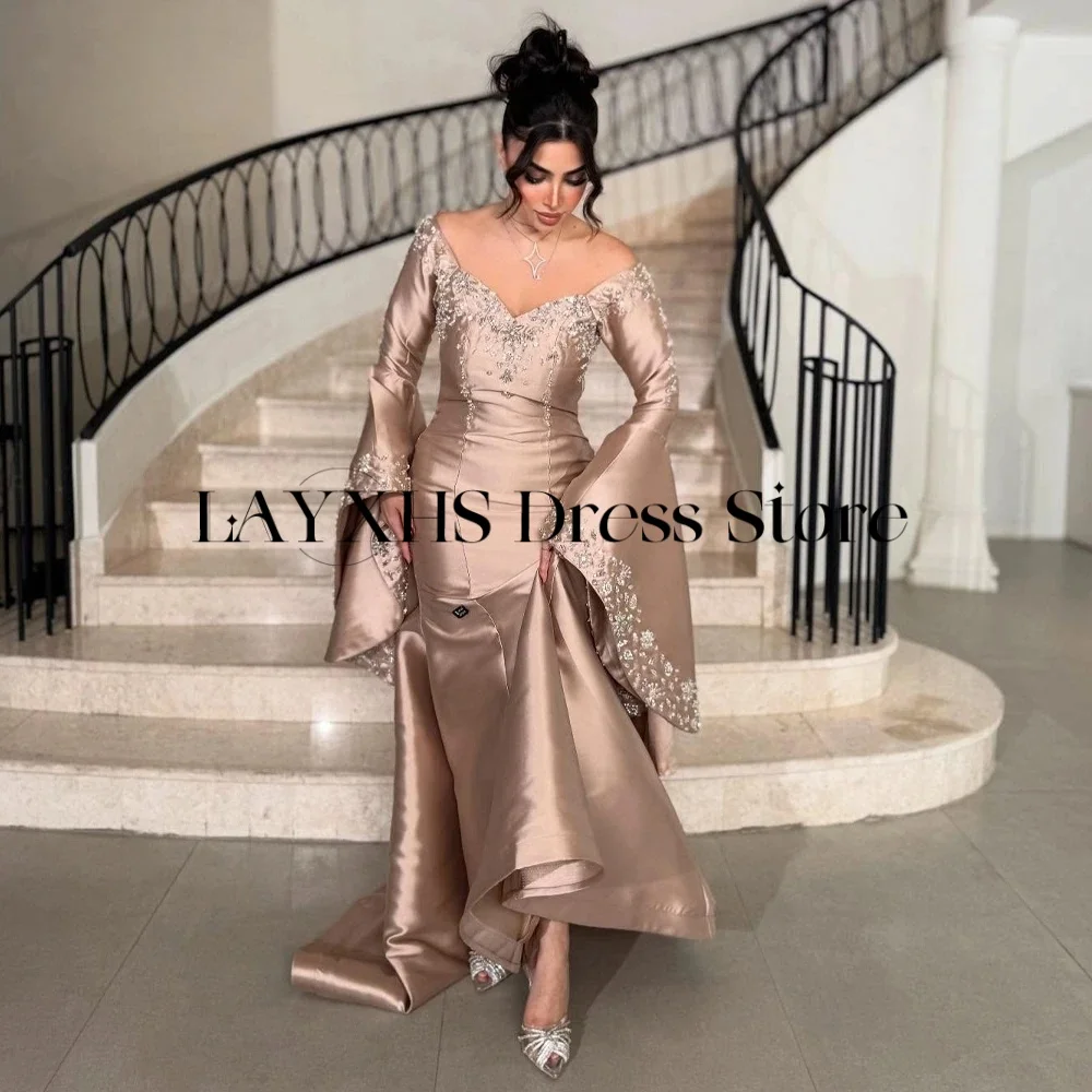 LAYXHS Luxury Off the shoulder Evening Dresses Mermaid Beaded Trumpet Long Sleeve Prom Dresse Customized robes de soirée
