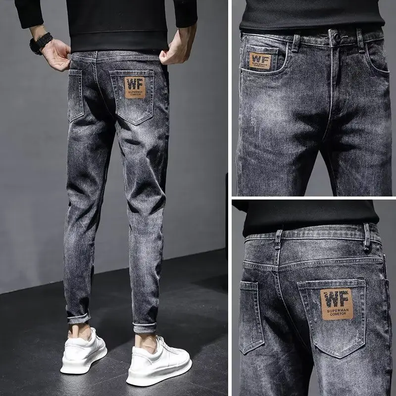 

Slim Fit Men's Jeans Spring Autumn New Style Trendy Korean Version Nine Points Elastic Casual Long Pants Youth Style