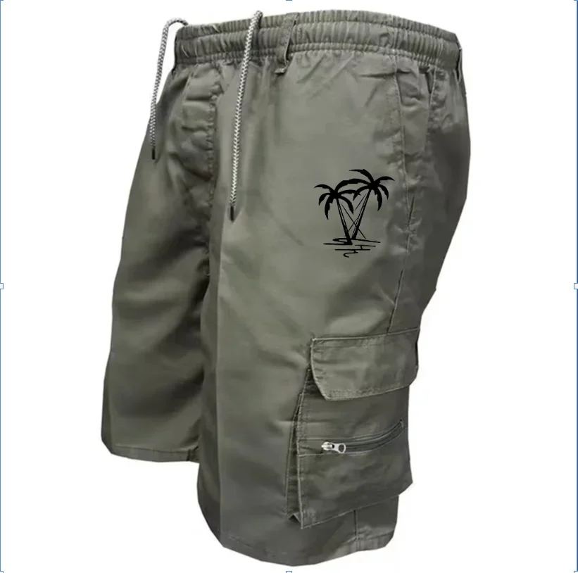 Coconut Tree Print Mens Cargo Shorts Multi Zipper Pocket Elastic Drawstring Beach Casual Short Pants