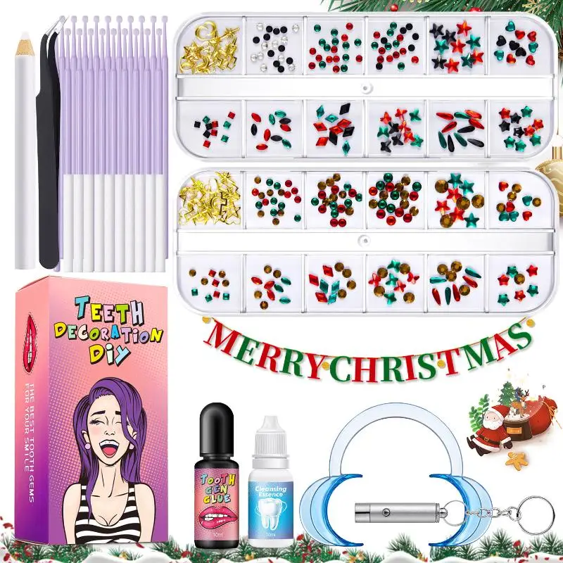 1 Set Kit di gemme per denti Kit di gioielli con cristalli di Natale Decorazione dentale temporanea Kit di gemme per denti per principianti di gioielli per denti