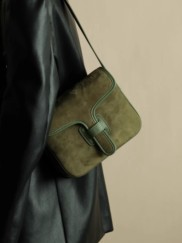 Green Fashion Retro Simple Suede Genuine Leather Women Bag\\Handbag Nice Casual Real Leather Lady Underarm Shoulder Crossbody Bag