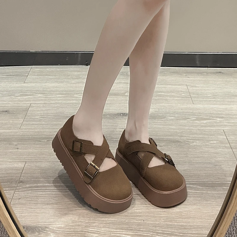 Women's Fashion Thick Sole Single Shoes Autumn New Female Round Head Shallow Mouth Suede Cross Metal Buckle Ladies Flat Shoes
