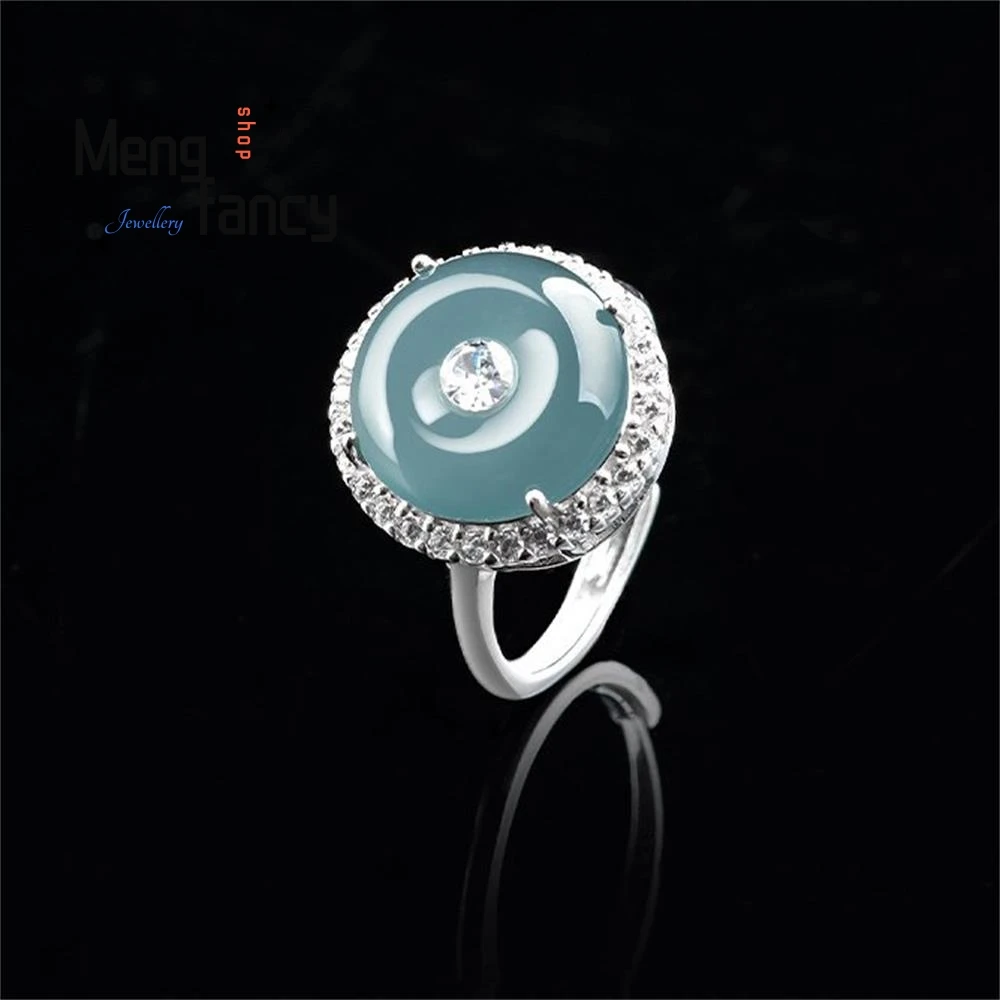 

S925 Silver Inlaid Natural A-goods Jadeite Blue Peace buckle Ice Jade Ring Adjustable Exquisite Elegant Fashion Luxury Jewelry