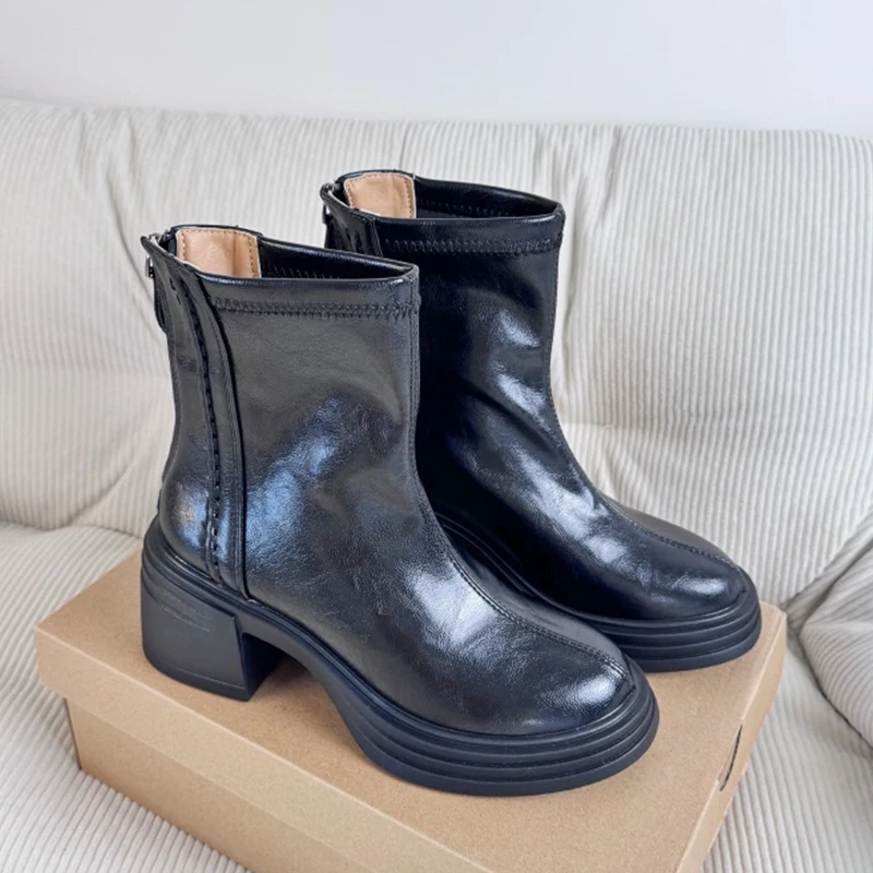 

High Heels Fur Women's Boots Chunky Shoes Warm Snow Boots Woman 2026 Winter Trend Zip Leather Shoes Sport Chelsea Botas Mujer