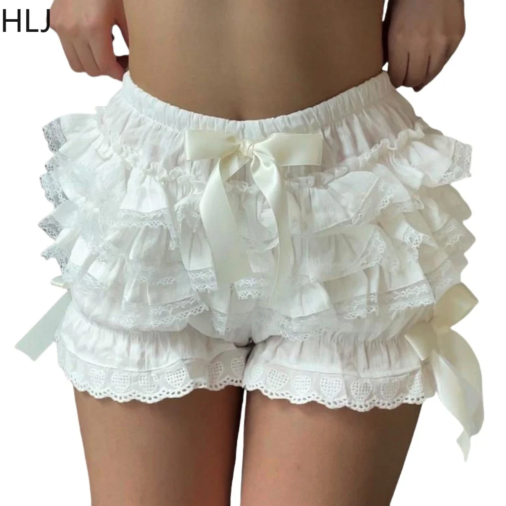 HLJ Blue Y2K INS Bow Lace Ruched Shorts Two Piece Sets Women Round Neck Loose Tshirt And Shorts Outfits Fashion 2pcs Streetwear