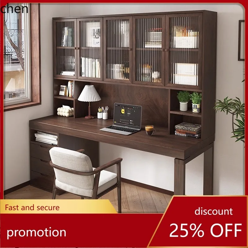 Solid Wood Desk and Bookshelf Integrated Wall-Mounted Workbench Writing Office Desk Study Computer Desk with Drawers
