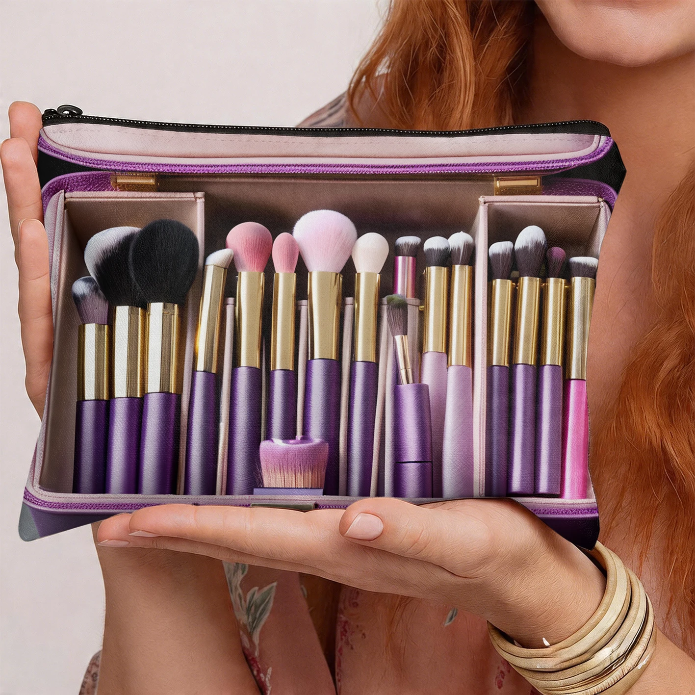 Makeup Bag with Purple - Themed Makeup Brushes Print Portable Cosmetic Tool Organizer Women's clothing