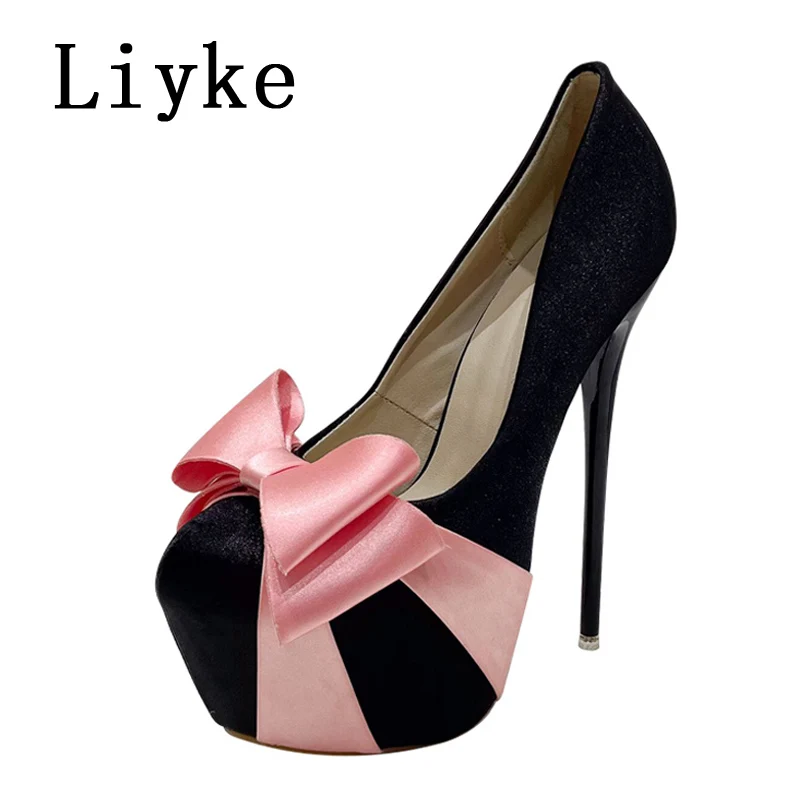 Liyke Sexy Fetish Stripper High Heels Pole Dance Shoes Spring Fashion Pink Silk Bowknot Round Toe Stiletto Women Platform Pumps