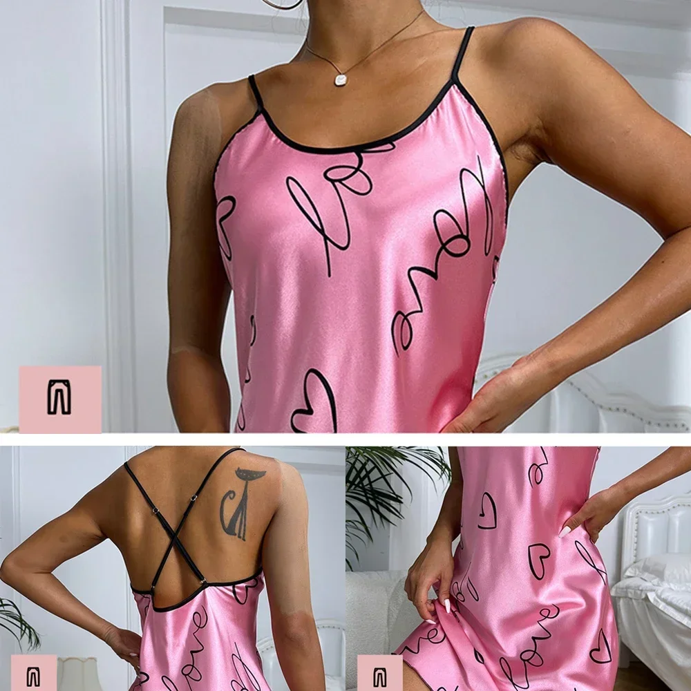 ฤดูร้อนเซ็กซี่ชุดนอนสลิง Nightdress เปิดกลับ Criss Cross Sleep ชุดโรแมนติกหัวใจพิมพ์ชุดนอนผู้หญิง