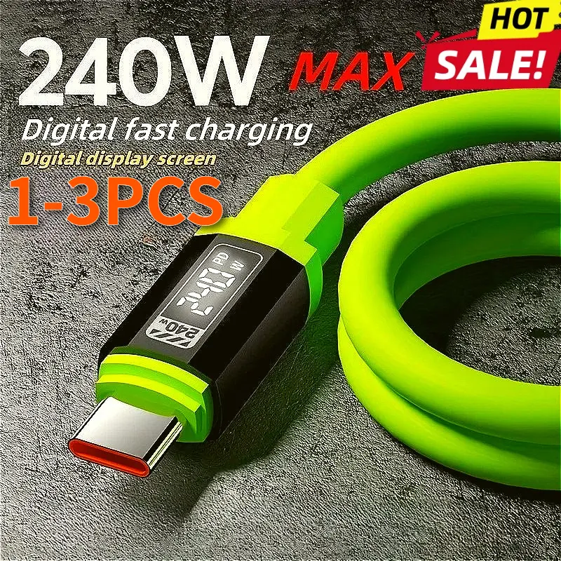 Cabo USB A para C 240W com display de energia Carregador de carregamento rápido para iPhone 15 16 17 Samsung Xiaomi Huawei Telefones Tipo C Cord