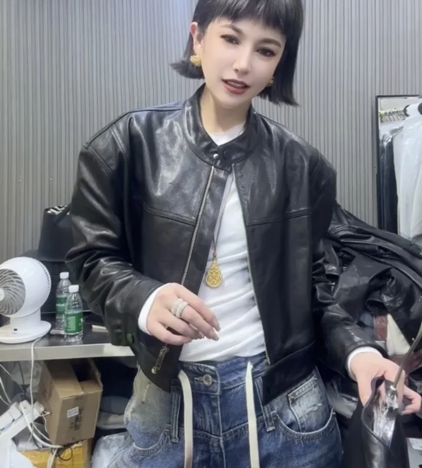 2025 New Women's ort Leather Jaet Bla Genuine Tanned Leather Cool Sle Small Size Coat eepskin Zipper Closure Long S...