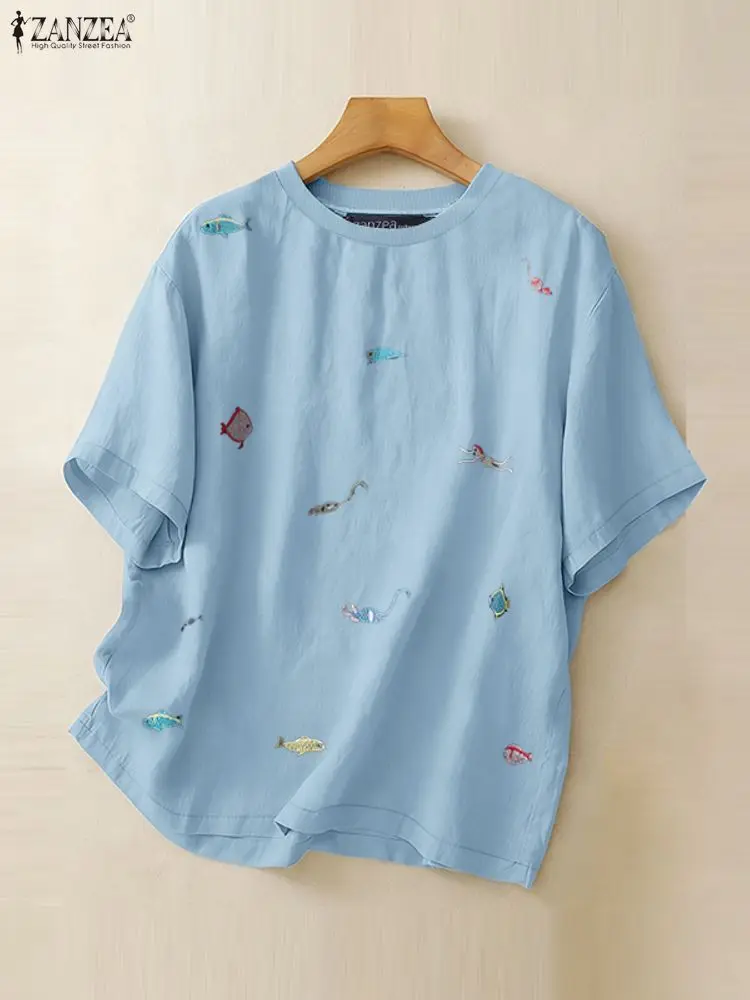 

2025 ZANZEA Summer Women Tops Short Sleeve Embroidered Blouse Elegant OL Work Shirt Casual O Neck Loose Blusas Female Tunic