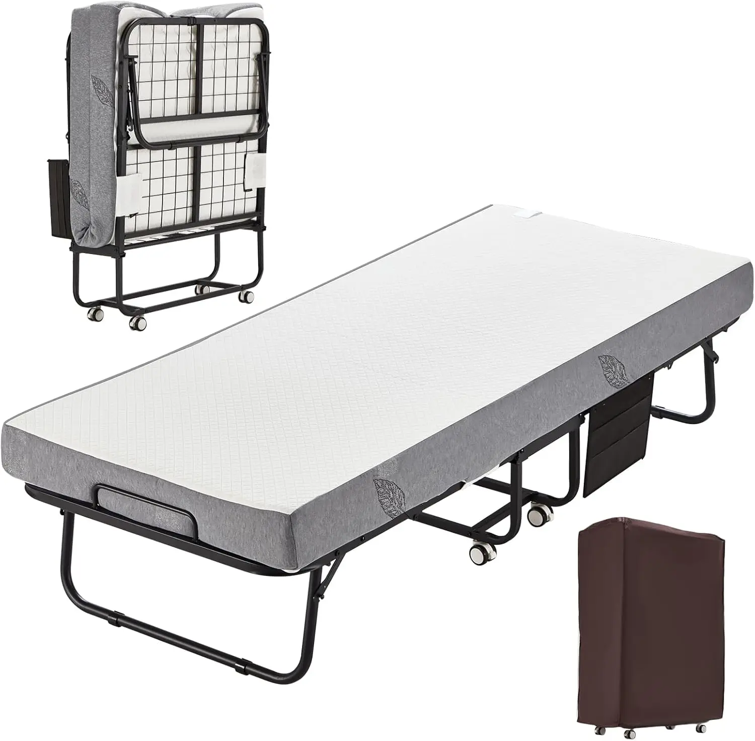 Folding Bed with Mattress,Portable Rollaway Guest Bed for Adults with 5 Inch Foam Mattress,Single Cot Size Foldable Bed