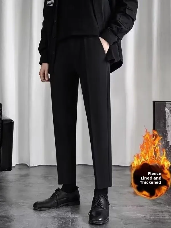 

Men's Slim Fit Straight Leg Fce Lined Casual Thiened Autumn Winter West Pants Nine Points Leisure Trousers