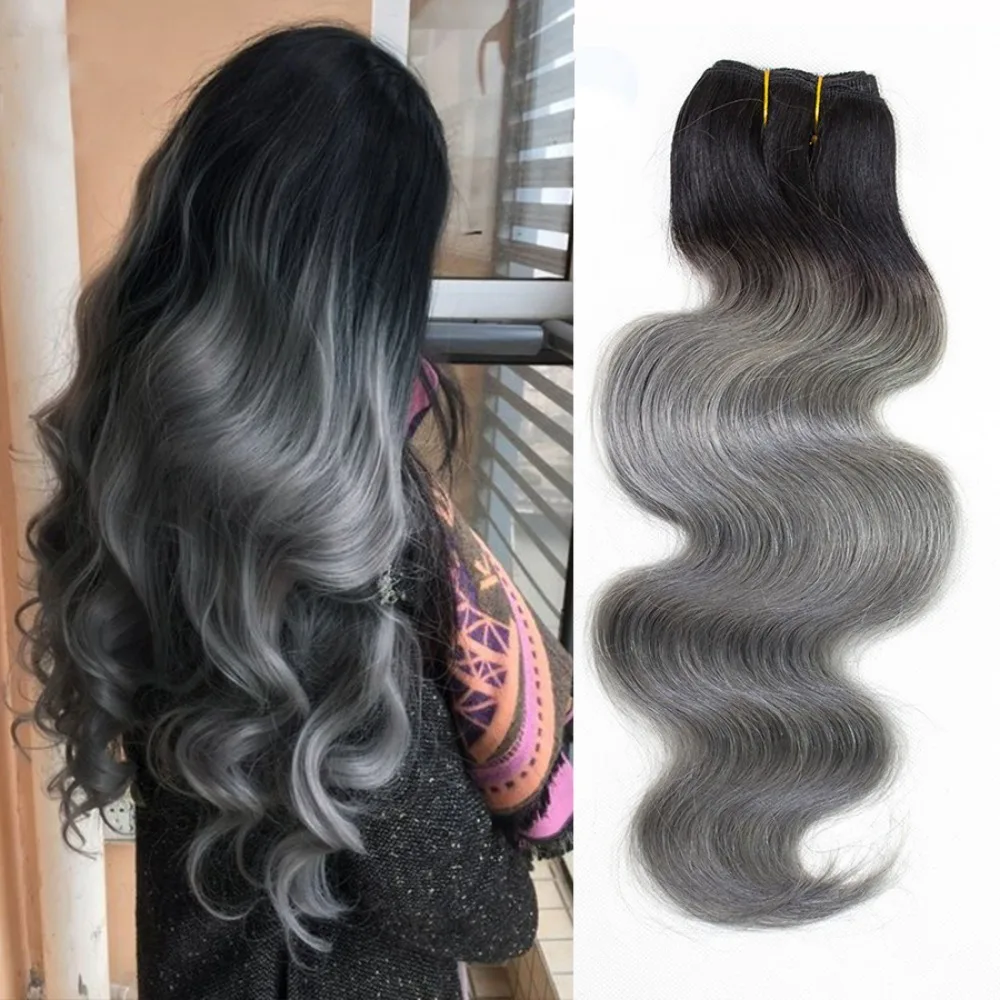 Tissage en lot naturel Remy Body Wave gris foncé-1B, noir ombré à gris, 10 à 22 pouces, extension de cheveux, lots de 1/3/4