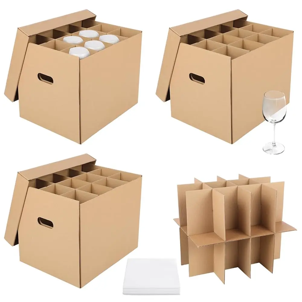 

3 комплекта 2-слойных коробок для винных бокалов 16 x 12 x 13 дюймов, коробки для переезда с крышкой, упаковочные коробки для стеклянной посуды с гофрированными разделителями