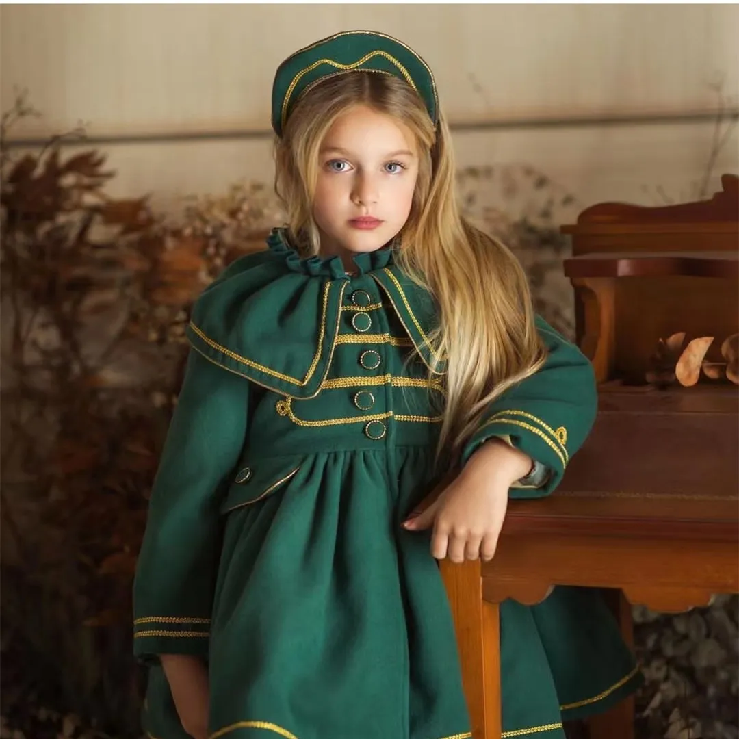 

1-12Y Baby Girl Autumn Winter Handmand Customized Palace England Spanish Green Princess Wool Coat for Casual
