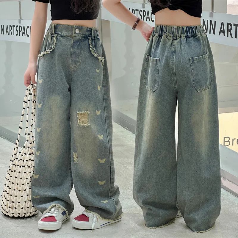 Girls High Street Wide Leg Broken Denim Pants American Vintage Washed and Distressed Jeans with Side Butterfly For Kids Child