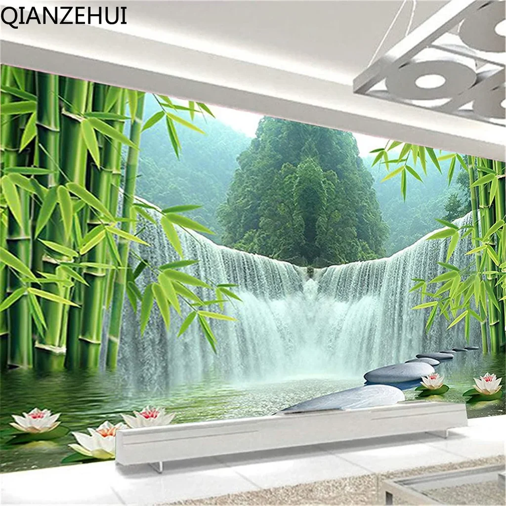 

DIY full Diamond Embroidery,Round Diamond Bamboo Forest Lotus Waterfall Living room decoration rhinestone beads Diamond painting