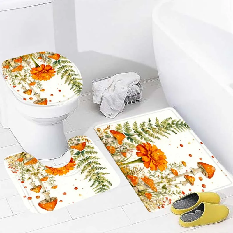 3 Pieces Autumn Mushroom Floral Bathroom Rugs Set, Watercolor Orange Mushroom Chrysanthemum Fern Berry Pattern Non‑Slip Bath Mat U‑Shaped Rug Toilet Seat Cover, Cozy Cottage Home Bathroom Decor Gift