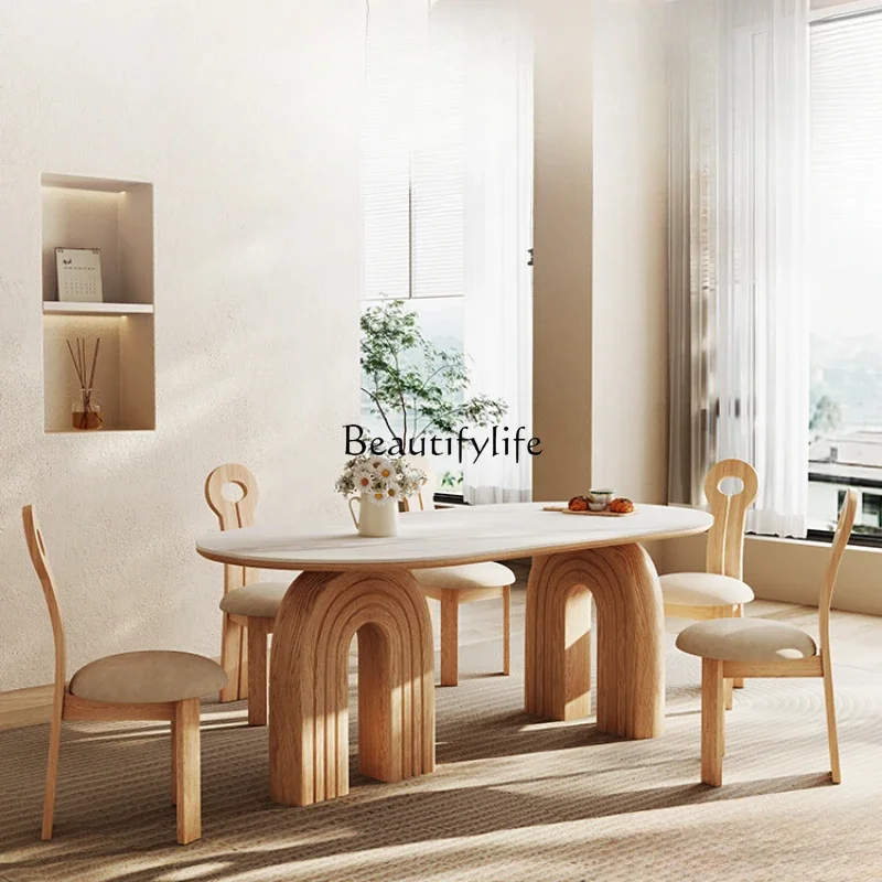 

Japanese Cream Style Solid Wood Dining Table Log Modern Simple Oval Slate Ash Wood Dining Table