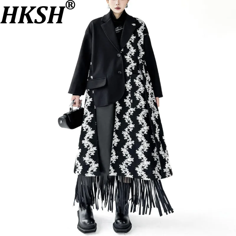

HKSH Autumn Winter New Women's Overcoat Asymmetric Tweed Patchwork Color Block Single Breasted Split Elegant Long Jackat HK17332