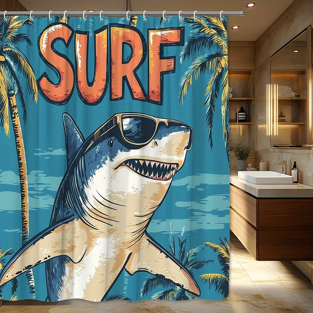 

1pc Retro Surf-Themed Shower Curtain with Friendly Shark & Palm Trees - Vibrant Teal, Orange & Blue Design, Durable Polyester