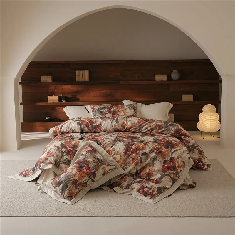Lyocell Cotton Linen Soft Silky Digital Printing Luxury Bedding Set Duvet Cover Flat/Fitted Bed Sheet Pillowcase 4Pcs