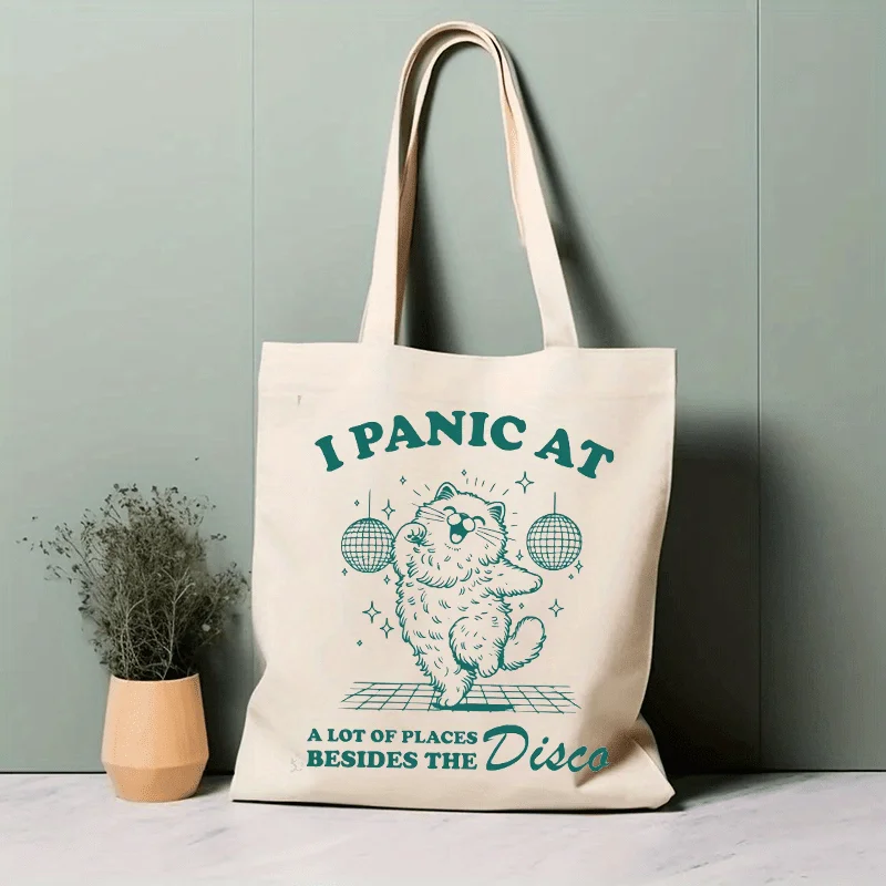 

Large Capacity Open-Top Tote Bag for Women Featuring a Humorous 'I Panic At' Disco Theme, Adorned with a Retro Floral Design And