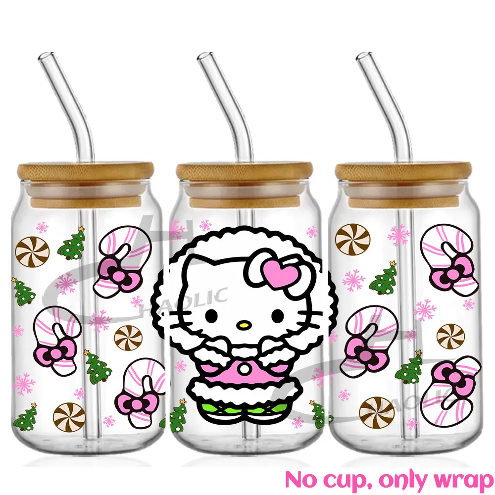 Cartoon Kitty Christmas 16oz UV DTF Cup Wrap Cartoon Libbey Tumbler Glass Plastic Can Transfer Sticker Waterproof Self-adhesive