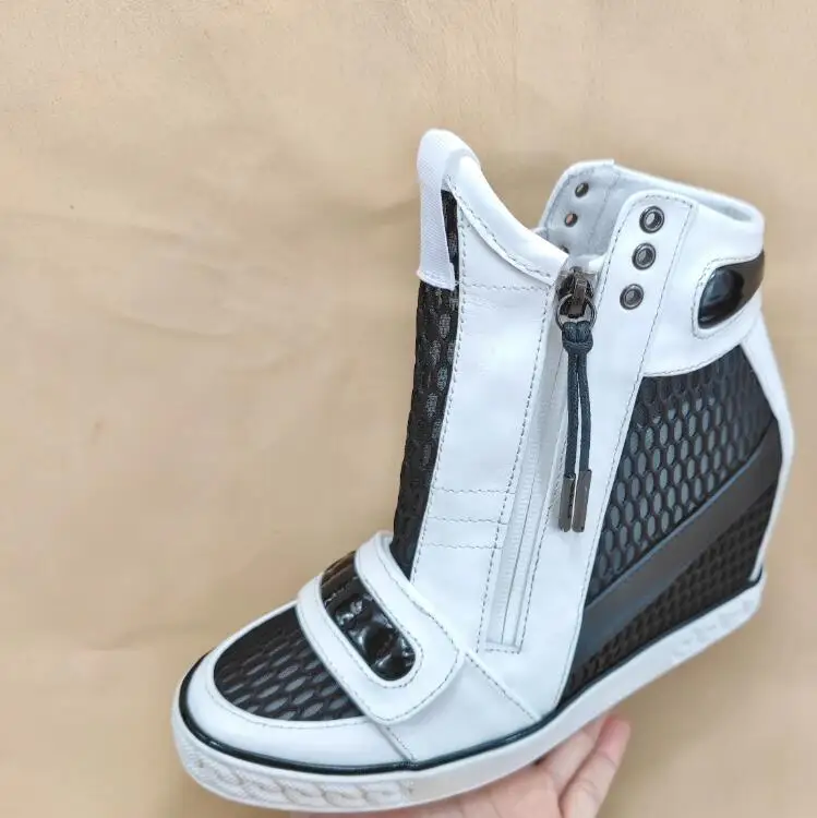 Summer Cow Leather Inner Wedge Net Mesh Patchwork Ankle Boots Women inside Height Increased High Top Mixed Colors Casual Shoes