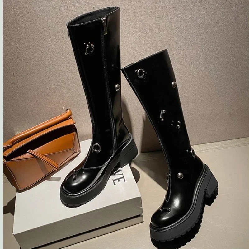 2024 Metal Chain Square Head Thick Bottom Contrast Color Motorcycle Knee Boots Elastic Boots Student Punk Women\'s Shoes 35-40