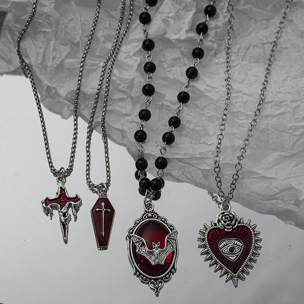 Gothic Style Red Cross Bat Heart-Shaped Eye Pendant Necklace, Personalized and Trendy Y2K Retro Necklace, Halloween Party Jewelr