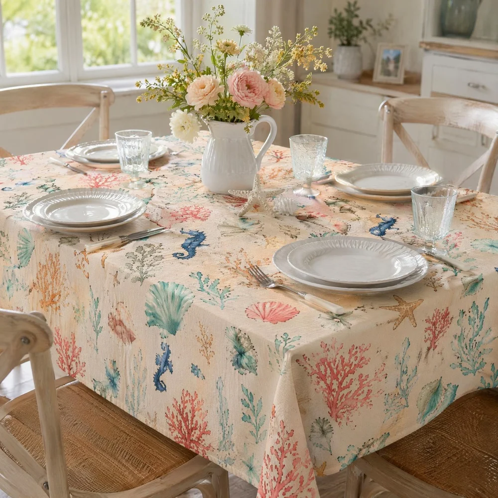 Coastal Seahorse Coral Shell Tablecloth Multi Size Non Waterproof Rectangular Dining Table Cover Beach House Summer Decor