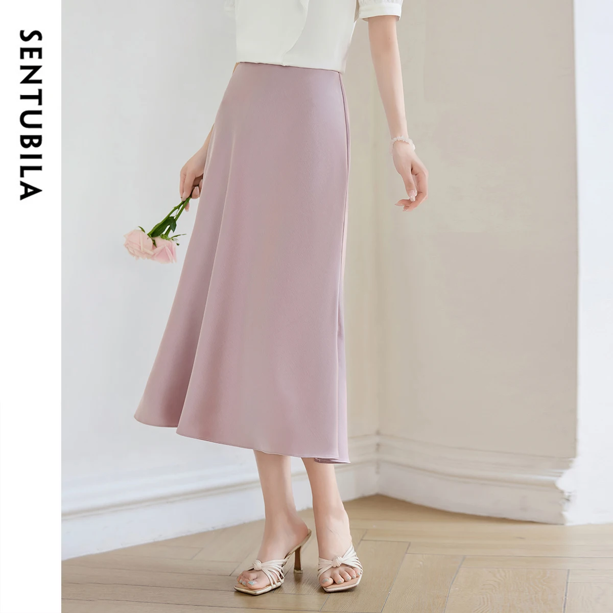 

SENTUBILA High-waisted Skirt For Woman 2025 Summer A-line Solid Asymmetrical Knitted Long Slit Skirt Elegant Lady 152QA1700