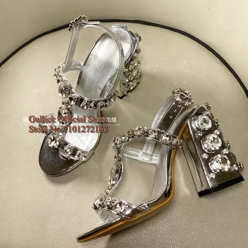 Luxury Rhinestone Chunky Heels Sandals Silver Gold Metallic Leather Gem T Strap Peep Toe Summer Party Shoes