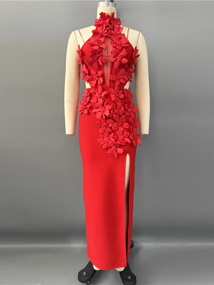 セクシーなイエローのホルターネック、花柄のキーホール付きマキシドレス – エレガントなハイ スリット バンテージガウン、女性用、透かし彫りの誕生日ロングドレス