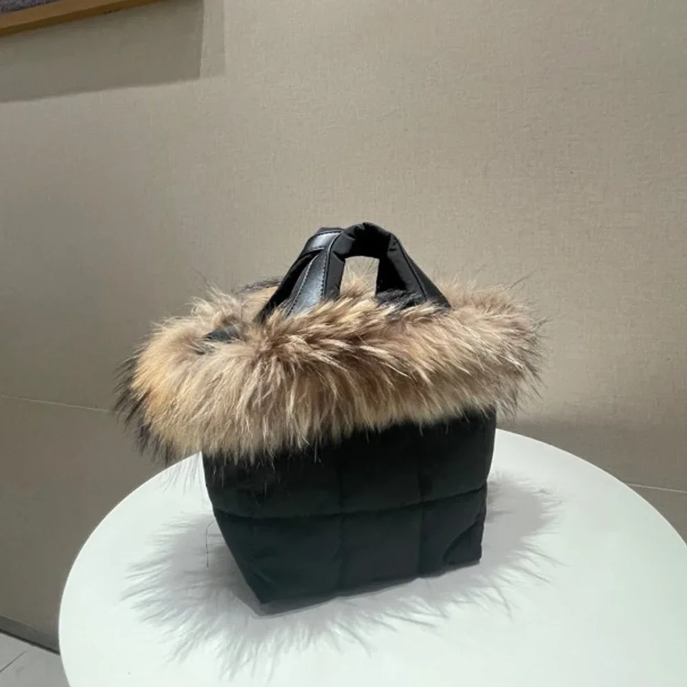 

Winter Fur Bucket Bags for Women Nylon Quilting Handbag Space Cotton Women Bag Plaids Down Shoulder Crossbody Bag 2025 Tote New